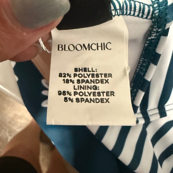 BloomChic Plus Size One Piece Swimsuit Floral Striped Crisscross Front Teal Blue - Picture 6 of 9